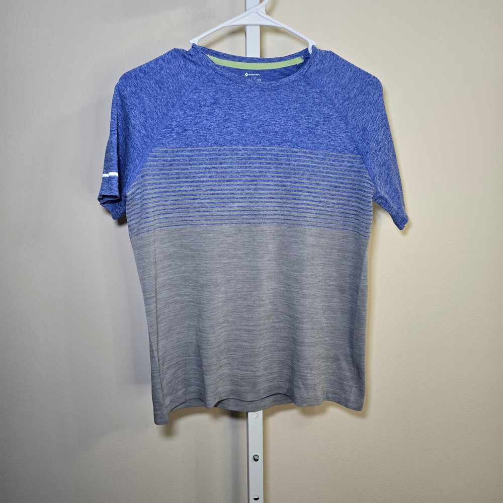 Boys Members Mark Blue Gray Heathered Striped Short Sleeve Athletic top Sz 14/16